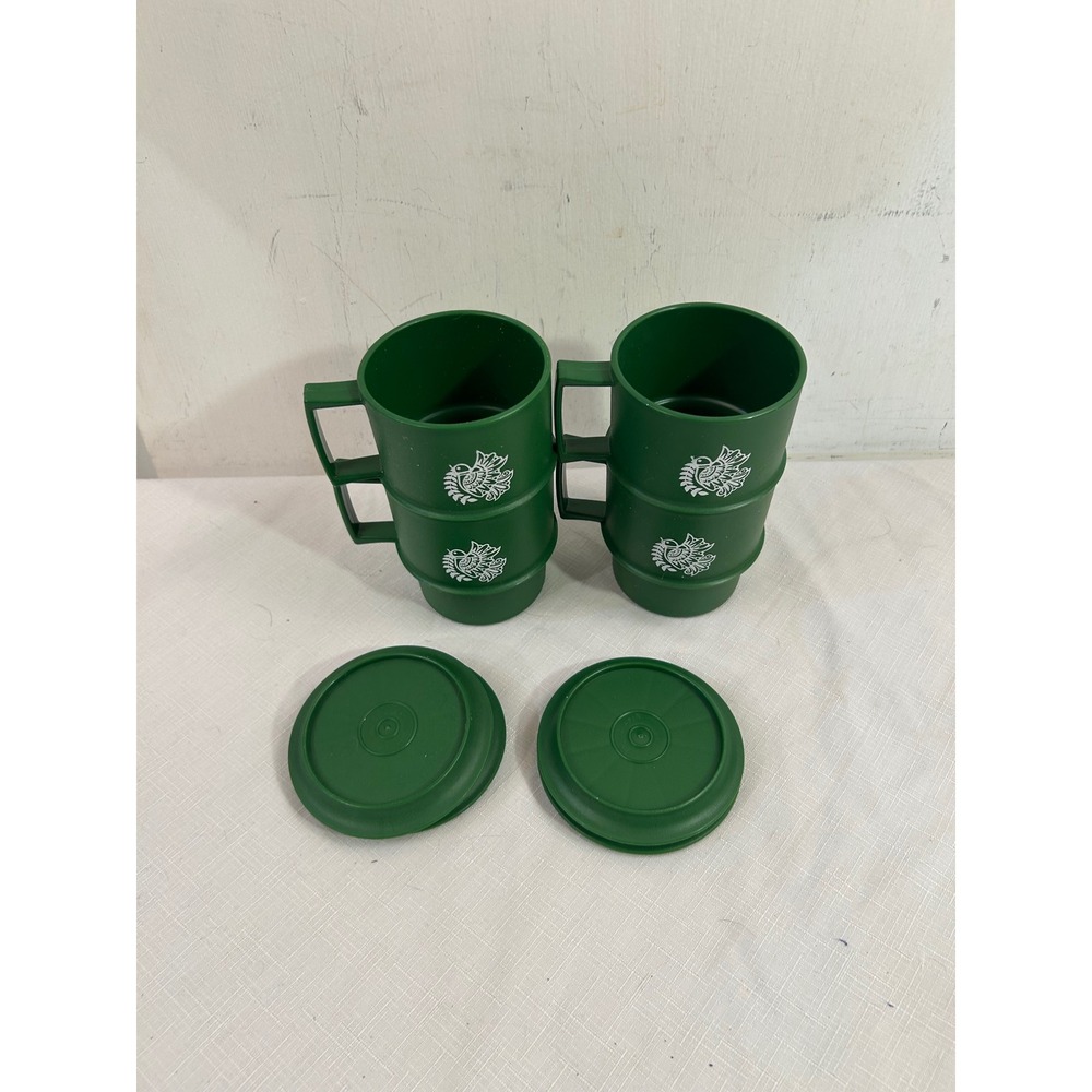 Tupperware Stacking Mugs Set of 4 Green Bird Graphic Vintage Kitchenware